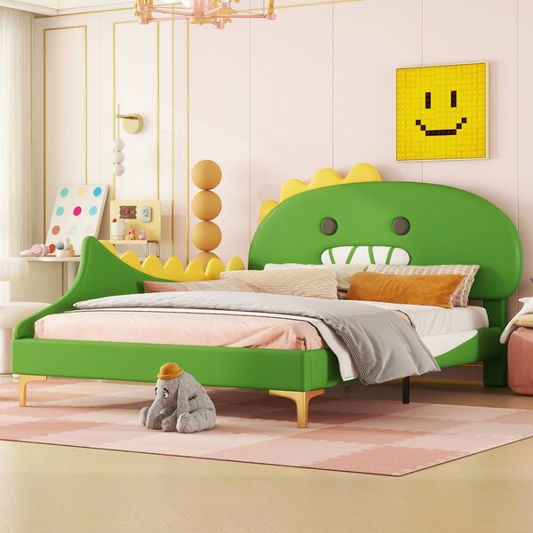 Letto imbottito Fortuna Lai, letto per bambini 140x200cm con testata a forma di dinosauro cartoon in Pelle finta, verde