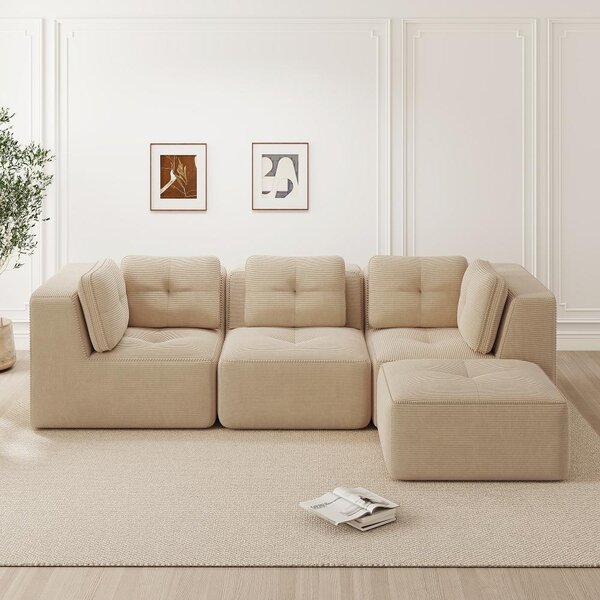 Divano angolare modulare in corda, divano a forma di L color beige. Tre posti con poggiapiedi e seduta profonda, non richiede montaggio, dimensioni 297x177x69 cm