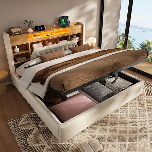 Letto imbottito 160x200 cm con contenitore a sollevamento idraulico, illuminazione LED, funzione di ricarica USB e USB-C, testiera con ripiano e spazio contenitivo, rivestito in lino color beige