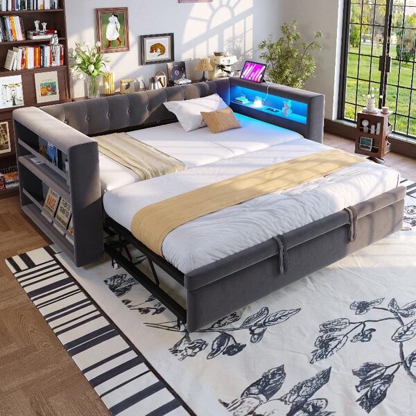 Divano letto 90x190 cm e 180x190 cm con rivestimento in flanella color grigio scuro, dotato di spazio contenitore e illuminazione a LED, ideale per soggiorni, camere da letto e stanze per gli ospiti