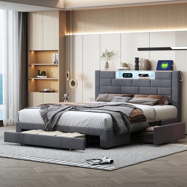 Letto imbottito Fortuna Lai 140x200 cm con 3 cassetti, testata con vano portaoggetti, letto matrimoniale youth bed LED & USB, velluto, grigio
