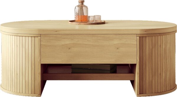 Tavolino Fortuna Lai, tavolino con bordi in legno curvi, ripiano estraibile, piano regolabile in altezza, mobile multifunzionale per il soggiorno