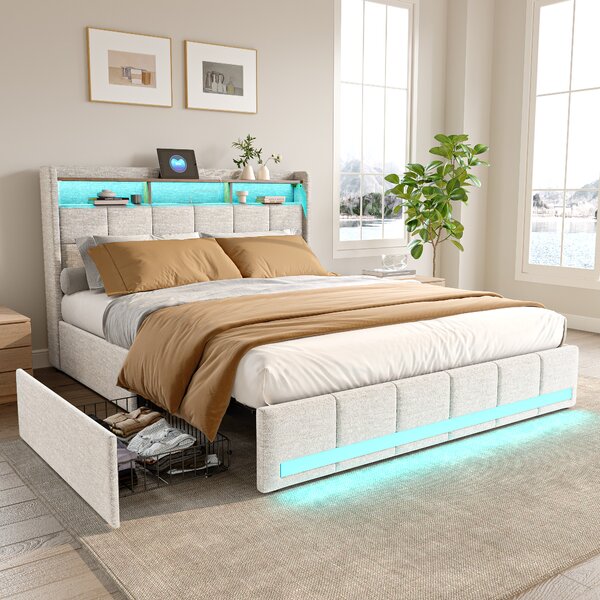 Letto imbottito 140x200cm con USB, letto per ragazzi letto matrimoniale con rete a doghe e 4 cassetti, letto contenitore con LED, biancheria, beige