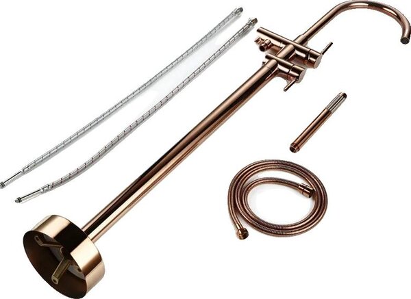 Rubinetteria per vasca da bagno, montata a pavimento, con due maniglie, oro rosa lucido