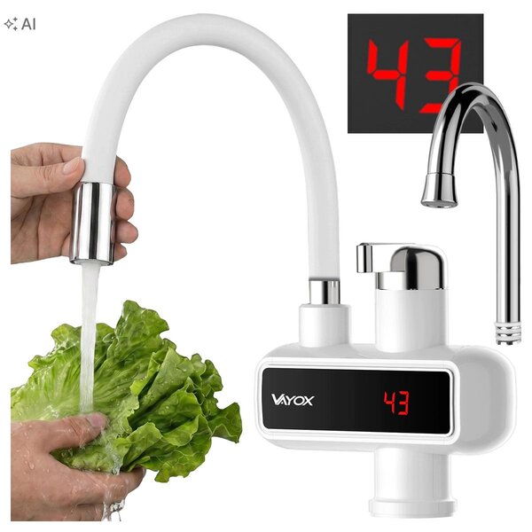 Scaldabagno istantaneo per rubinetto da cucina Vayox VA0230, con indicatore, erogatore flessibile bianco, 3000W, bianco