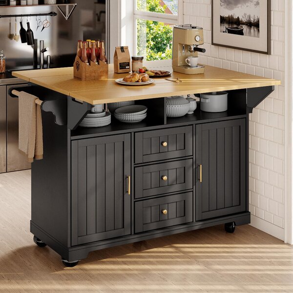Isola da cucina 120x40x95 cm, realizzata in MDF e metallo, di colore nero, con spazio contenitivo e piano ribaltabile su entrambi i lati, adatta sia per la cucina che per la sala da pranzo