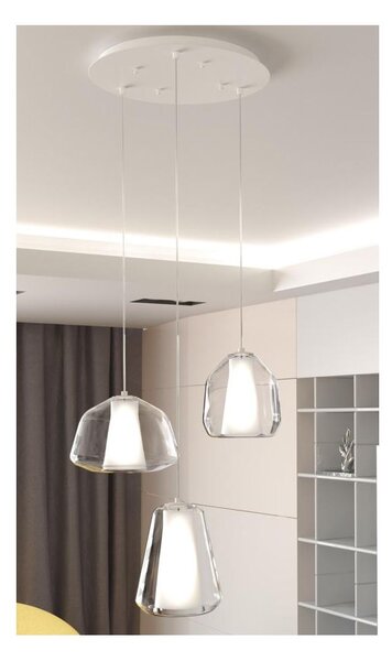 DOUBLE SKIN SOSPENSIONE ROTONDA 3 LUCI BIANCA DIFFUSORI IN VETRO TRASPARENTE LAMPADINE ATTACCO E27 MODERNA