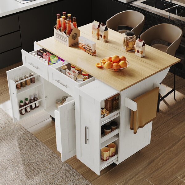 Isola da cucina 110x46x90,5 cm, bianca, realizzata in MDF e metallo. Carrello da cucina con piano ribaltabile e spazio di stoccaggio, ideale per la cucina e la zona pranzo