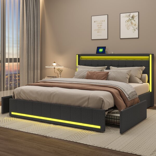 Fortuna Lai letto imbottito LED, con funzione di ricarica USB testata e 4 cassetti, letto matrimoniale 160x200cm struttura letto contenitore, rete a doghe in legno, grigio scuro