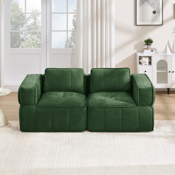 Divano a due posti, colore verde, divano angolare modulare senza struttura, realizzato in poliestere e imbottito con schiuma 32D, dimensioni 198x93x67 cm, capacità di carico 400 kg, non richiede montaggio