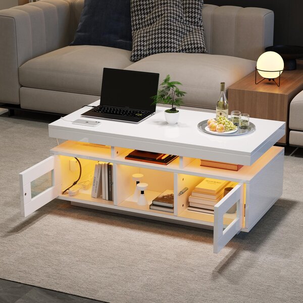Fortuna Lai Tavolino bianco lucido 100×50×43 cm, con luci LED controllabili tramite app mobile, tavolino da salotto con armadio, tavolino da divano con presa di ricarica e presa di corrente, adatto per ufficio, studio