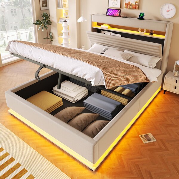 Letto imbottito 140x200 cm con rivestimento in lino color beige, testiera imbottita, contenitore a sollevamento idraulico e illuminazione LED, ideale per la camera da letto