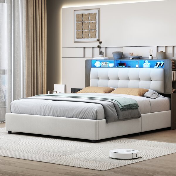 Letto imbottito Fortuna Lai 160x200cm con rete a doghe, letto a molle idrauliche con contenitore, letto contenitore matrimoniale con testata contenitore e LED, velluto, bianco