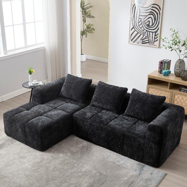 Divano L 250x158x60 cm in velluto nero, con chaise longue e due tasche laterali, imbottitura moderna ideale per il soggiorno