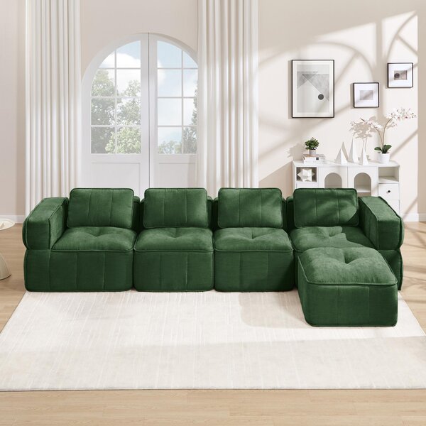 Divano modulare a forma di L, per 4 persone, senza struttura, con poggiapiedi, divano angolare, colore verde, in poliestere, dimensioni 344x162x67 cm, non richiede montaggio