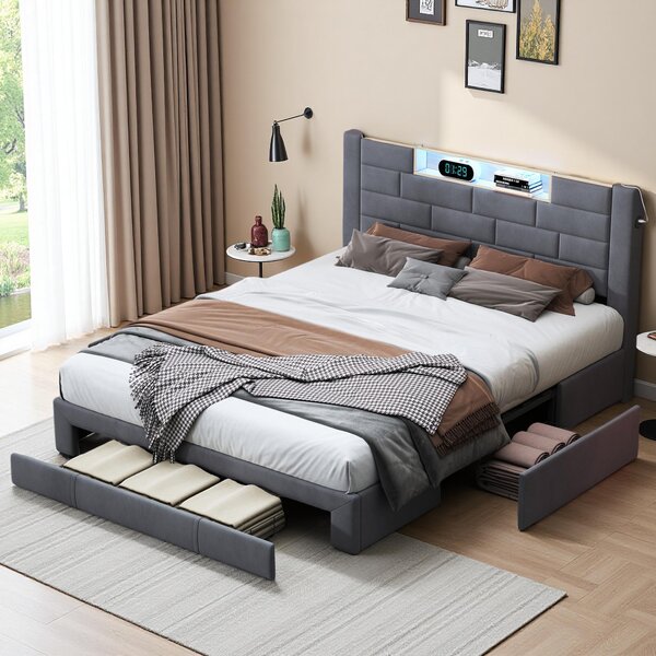 Letto imbottito Fortuna Lai 160x200 cm, con 3 cassetti, testata con contenitore, LED e USB, velluto, grigio