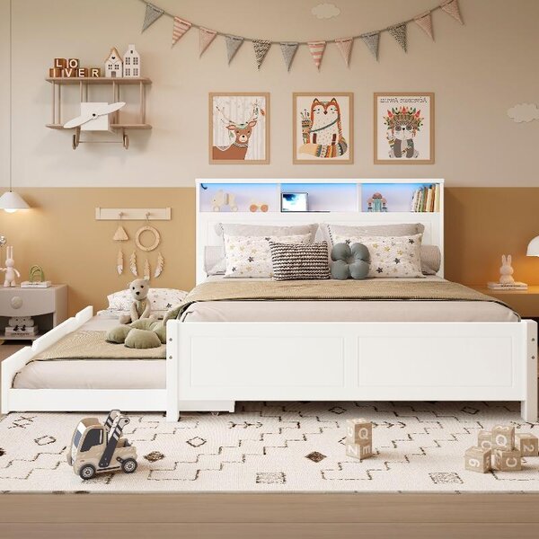 Letto contenitore 120x200 cm, bianco, realizzato in pino, MDF e compensato, con letto a scomparsa 90x190, striscia LED e presa di corrente, ideale per la camera da letto