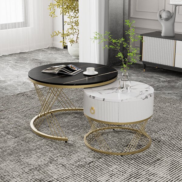 Set di 2 tavolini in marmo con ripiano rotondo Ø70 x 45cm e Ø50 x 40cm, tavolino con cassetto e struttura in metallo dorato, tavolo da salotto tavolo da divano