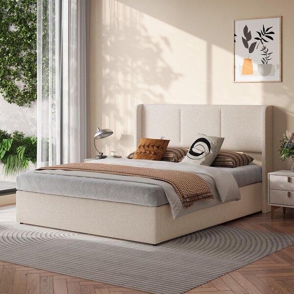 Letto imbottito 160x200 cm con contenitore, letto con sistema di sollevamento idraulico e spazio contenitivo, testiera imbottita con schienale, rete a doghe, letto matrimoniale rivestito in tessuto, colore beige