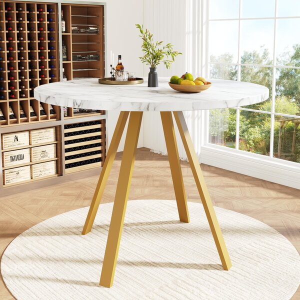 Tavolo da pranzo rotondo Fortuna Lai (80×80×75 cm), tavolo da cucina, tavolino rotondo per 4 persone, adatto per sala da pranzo, soggiorno, gambe in metallo, motivo marmo bianco e gambe dorate