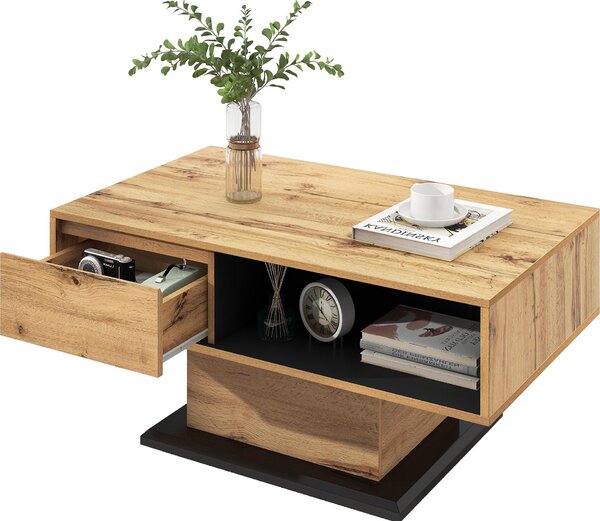Tavolino Fortuna Lai in legno venato, con 1 cassetto e spazio di archiviazione, 100x47x60cm, rovere + nero-grigio