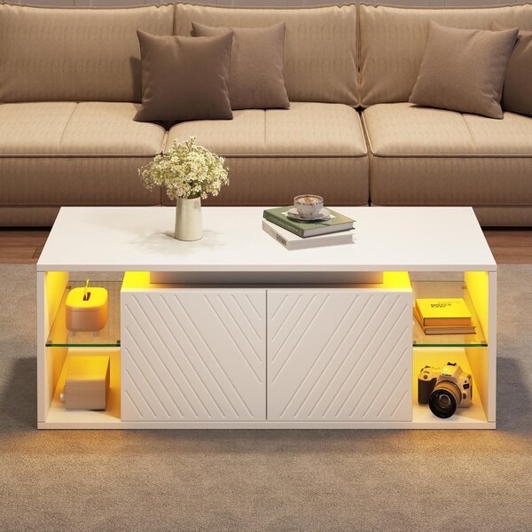 Tavolino da salotto 100x50x41 cm con 2 ante, bianco, realizzato in pannello di particelle, dotato di illuminazione LED controllabile tramite app e vano contenitore semiaperto