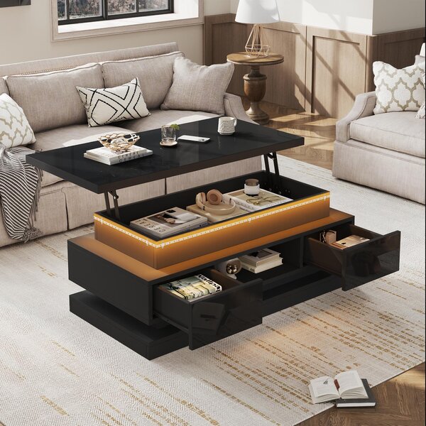 Fortuna Lai Tavolino sollevabile 100*50*40 cm con 2 cassetti, tavolino lucido con LED, tavolino da divano, tavolino da caffè, tavolino da salotto con vano contenitore nascosto, nero, pannello di particelle di legno