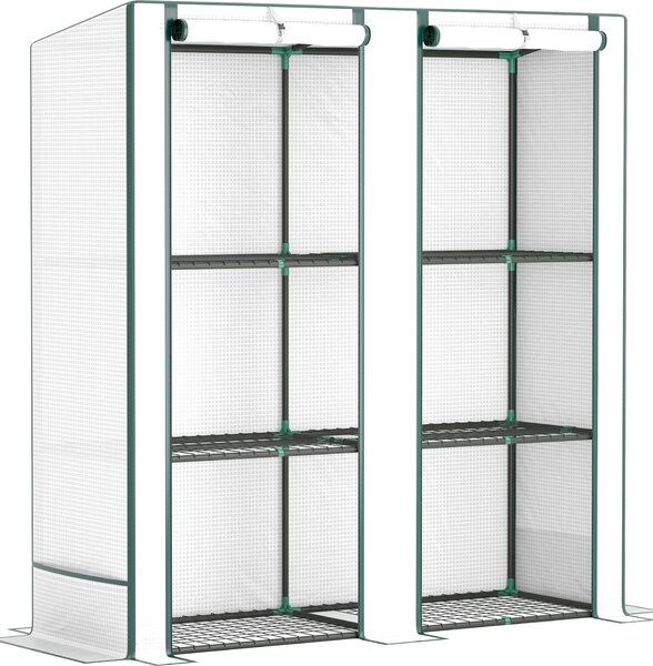 Serra Fortuna Lai con tetto a falda unica, doppia porta, ripiani, serra in acciaio resistente all'inverno, serra per balcone, giardino, serra per pomodori 144 x 48 x 152 cm, serra per pomodori, ortaggi, bianco