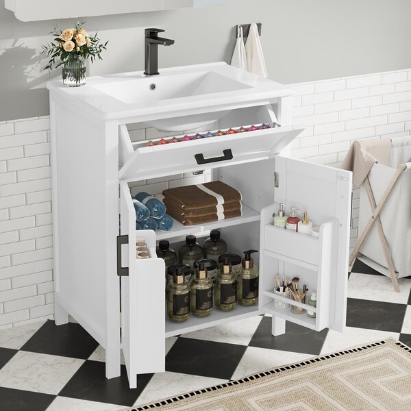 Fortuna Lai 60 x 46 x 84,8 cm Mobile da bagno a terra con lavabo, lavandino, verniciatura completa, ripiani a doppia anta, pratici cassetti, ripiani regolabili, lavabo in Vetroceramica integrato, bianco