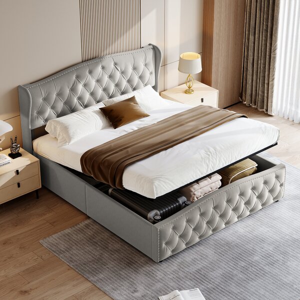 Letto imbottito 140x200cm con rete a doghe, letto a molle idrauliche con rete e contenitore, letto matrimoniale in velluto con contenitore letto funzionale, grigio