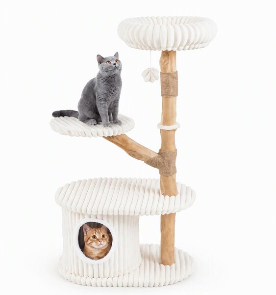 Albero per gatti KOMFOTTEU con piattaforma panoramica, pali in sisal e gioco a palla, completo di superfici in peluche, ideale come mobile per interni per gatti