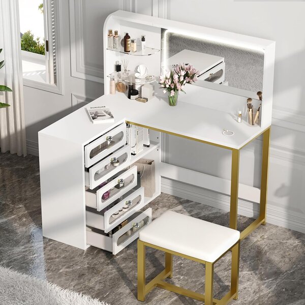 Comodino Fortuna Lai con specchio, comodino angolare con illuminazione LED a luminosità regolabile e sgabello, tavolo cosmetico con 5 cassetti, presa di corrente (bianco)