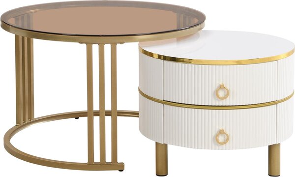 Set di 2 tavolini rotondi Fortuna Lai - con piano in vetro marrone, 2 cassetti, design moderno - bianco