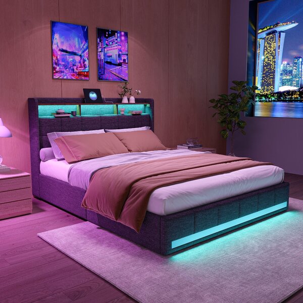 Letto imbottito Fortuna Lai 160x200cm testata letto matrimoniale con 3 scomparti e illuminazione LED, con 2 porte USB e Type-C, 4 cassetti, grigio