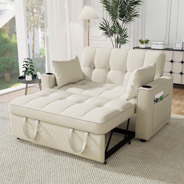 Divano letto beige in velluto, due posti, divano trasformabile, divano multifunzionale con funzione letto, schienale regolabile e portabicchieri