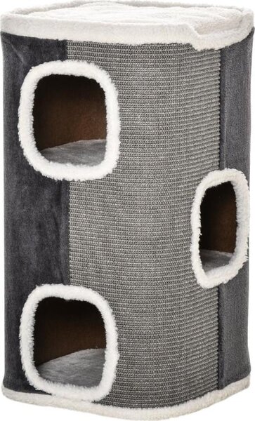 Fortuna Lai Tiragraffi per gatti Con 3 livelli, pannello truciolare, poliestere vellutato, sisal, grigio+bianco, 40x40x74cm