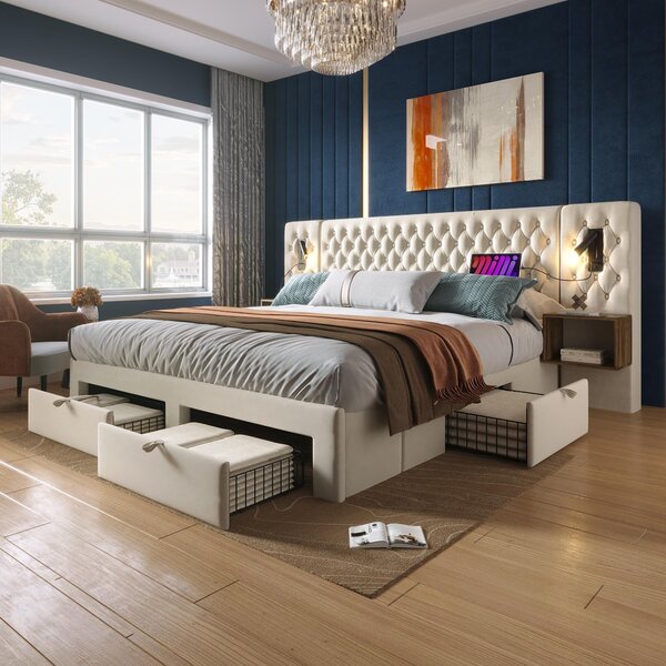 Letto imbottito 160x200 cm, color beige, in velluto, con 4 cassetti, 2 comodini e funzione di ricarica USB Type C, ideale per la camera da letto