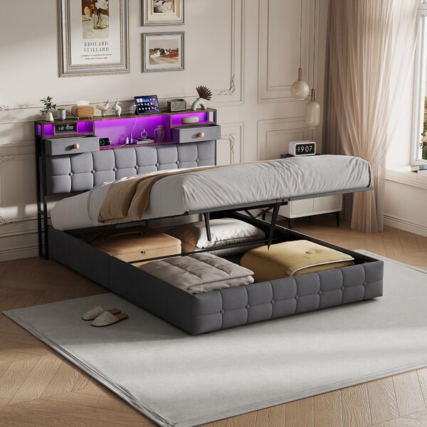 Letto imbottito REMZETTA, 140 x 200 cm, con contenitore, sistema di sollevamento idraulico, 2 cassetti nella testata e illuminazione LED, colore grigio, per adulti