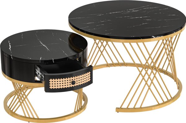 Fortuna Lai set di 2 tavolini rotondi, tavolino con piano in marmo e cassetti in rattan, nero
