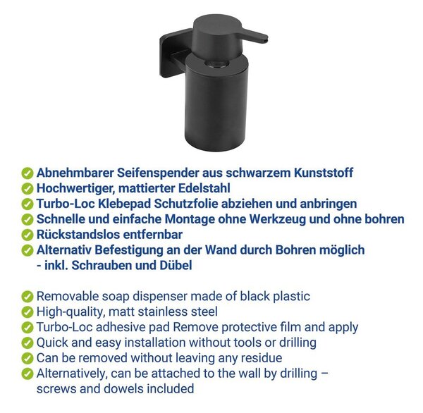 Dispenser per sapone senza foratura nero opaco in acciaio inox con aggancio Turbo-loc Porto – Wenko