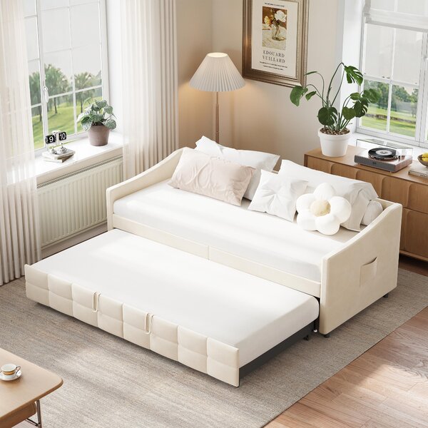 Divano letto Fortuna Lai, velluto, beige, 90x200 cm, incl. rete a doghe e braccioli, moderno, max. 300 kg, 45 kg