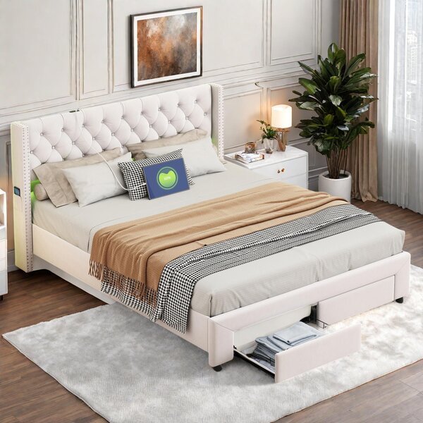 Letto imbottito Fortuna Lai 140 x 190 cm con contenitore e cassetti, Letto a cassettone con LED e USB, Letto imbottito con contenitore, Velluto beige