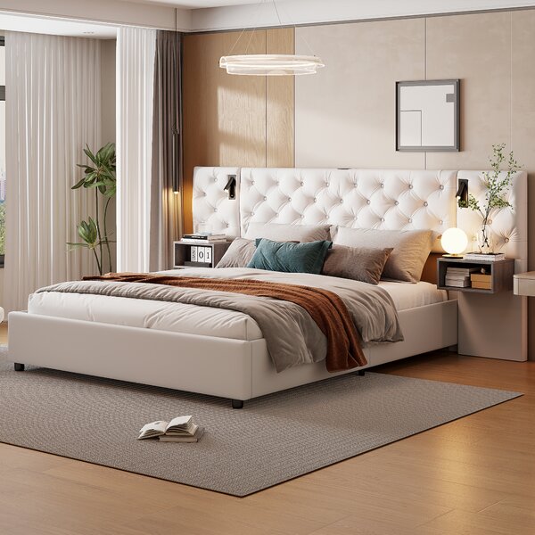 Letto imbottito Fortuna Lai 140x200cm con USB e lampada da lettura, letto a molle con rete a doghe, letto matrimoniale con contenitore, letto contenitore funzionale, velluto, beige