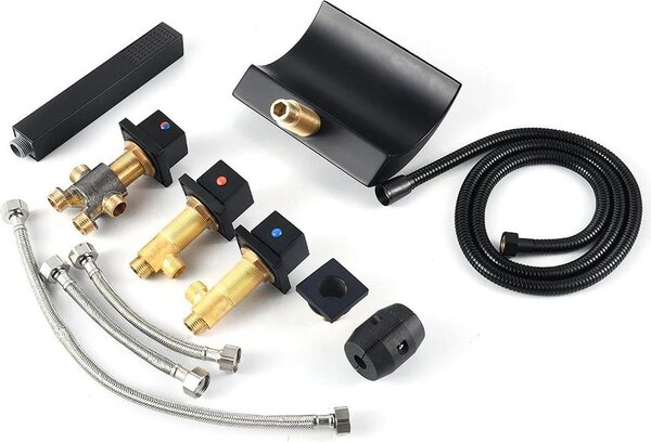 Set di rubinetteria per bagno - Rubinetto per vasca con illuminazione a LED - Cascata a 2 vie e doccetta - Montaggio a 5 fori - Design moderno - Nero