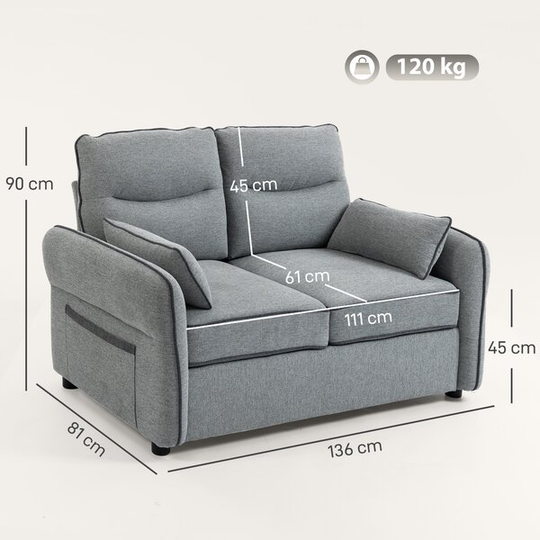 HOMCOM Divano 2 posti da salotto con 2 cuscini e tasca laterale, in velluto egiziano, 136x81x90 cm, grigio | Aosom Italy