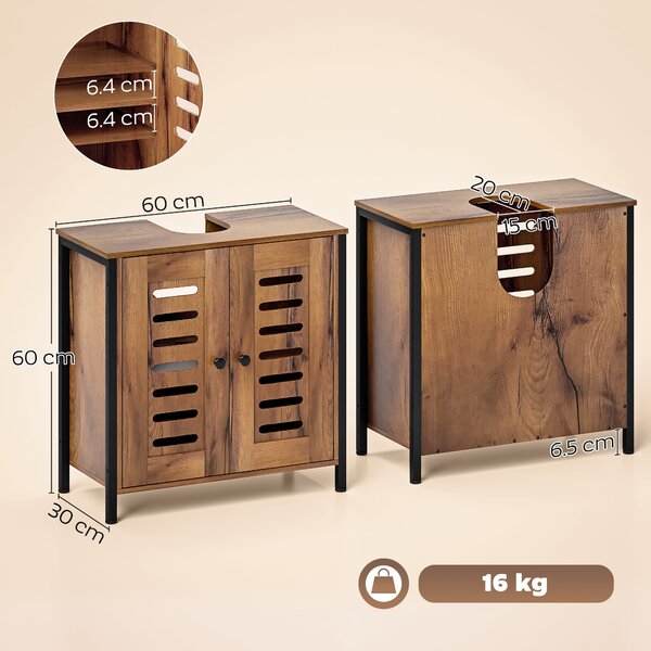 HOMCOM Mobile Sottolavabo 2 Ante a Doghe con Chiusura Magneticae Ripiano Regolabile, 60x30x60 cm, Marrone Rustico | Aosom Italy