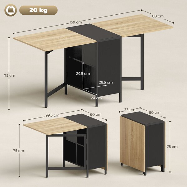 HOMCOM Tavolo pieghevole da pranzo con ali ribaltabili, 4 scomparti e 3 configurazioni per cucina soggiorno, 169x60x75 cm, naturale scuro | Aosom Italy