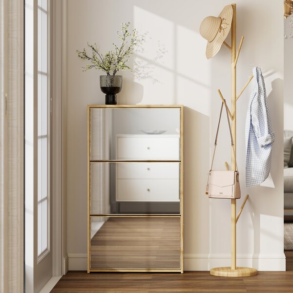 HOMCOM Portascarpe Stretto per Ingresso con 3 Ante e Specchio per 9 Paia di Scarpe, 65x17x114,5 cm, Naturale | Aosom Italy