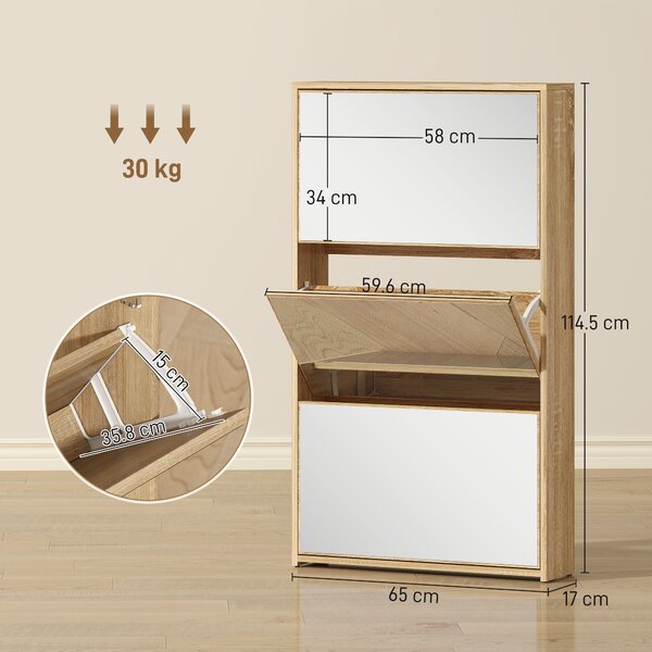 HOMCOM Portascarpe Stretto per Ingresso con 3 Ante e Specchio per 9 Paia di Scarpe, 65x17x114,5 cm, Naturale | Aosom Italy