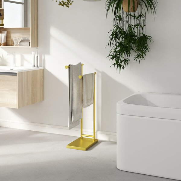 HOMCOM Portasciugamani da Bagno Moderno a Forma di L con 2 Barre e Struttura Metallica Portasciugamani, 35,5x20x78 cm, Oro | Aosom Italy